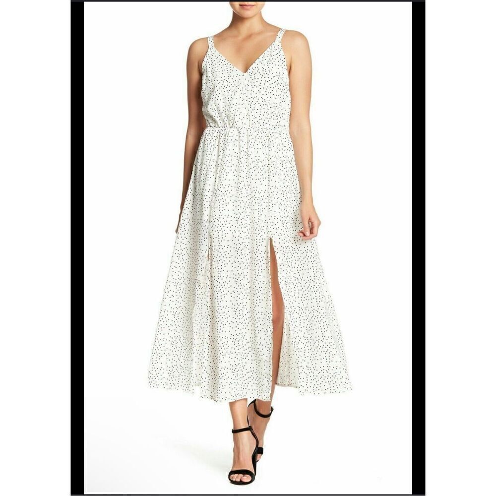 Melloday white polka dot front split maxi dress adjustable straps S